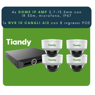 Tiandy Kit 4xDome IP, 4MP, IR 30m, Perimetro + 1x NVR 10Ch, SMD+Perimetro+Face, 1 HDD MAX 10TB, Alarm 4 IN / 1 Relè Out