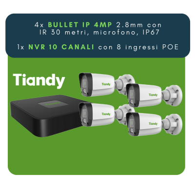Tiandt Kit 4xBullet IP, 4MP, IR 30m + LED Bianchi 15m, Perimetro, + 1xNVR 10Ch, 6MP, 1 hdd max 6TB