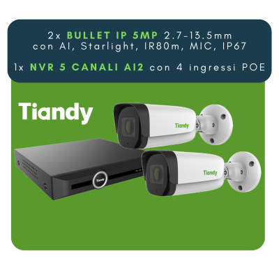 Tiandy Kit 2xBullet IP 5MP wit IR 80m, Startlight, NVR 10 Ch 8 MP SMD+Perimeter+Face, 1 hdd max 10TB, Alarm 4 IN / 1 Relè Out