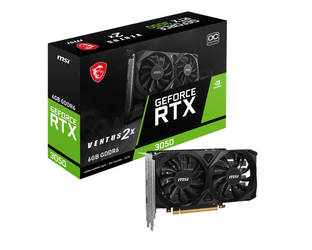 MSI VGA GEFORCE RTX 3050, RTX 3050 VENTUS 2X E 6G OC, 6GB GDRR6, 2HDMI/DP, ATX, DUAL FAN - immagine prodotto