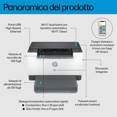 HP LaserJet M207dw Stampante Laser Monocromatica A4 Colore Bianco B/N A4 USB/LAN F/R 28PPM