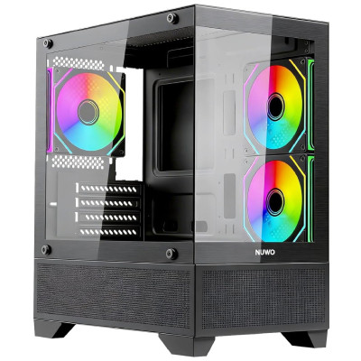Nuwo Flow FK100 Micro-ATX Tower Case Without PSU with 3 ARGB Fans and Tempered Glass Side Panel, Black