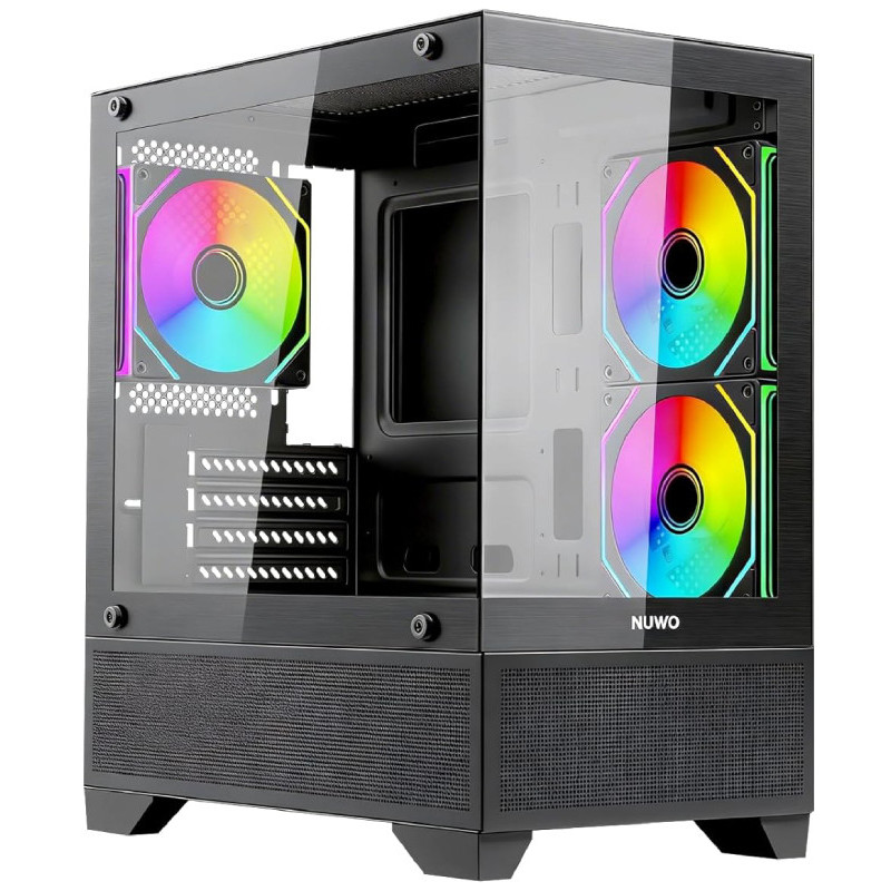 Nuwo Flow FK100 Case Tower Micro-ATX Senza Alimentatore PSU con 3 Ventole ARGB e Pannello Laterale in Vetro Temperato Nero