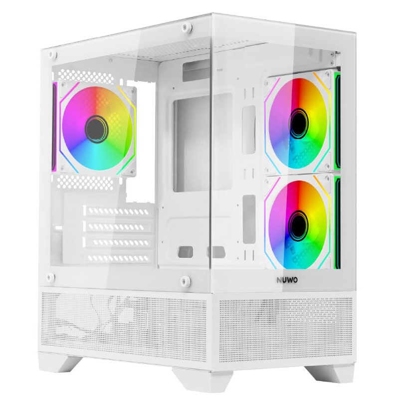 Nuwo Flow FH100 Case Tower Micro-ATX Senza Alimentatore PSU con 3 Ventole ARGB e Pannello Laterale in Vetro Temperato Bianco