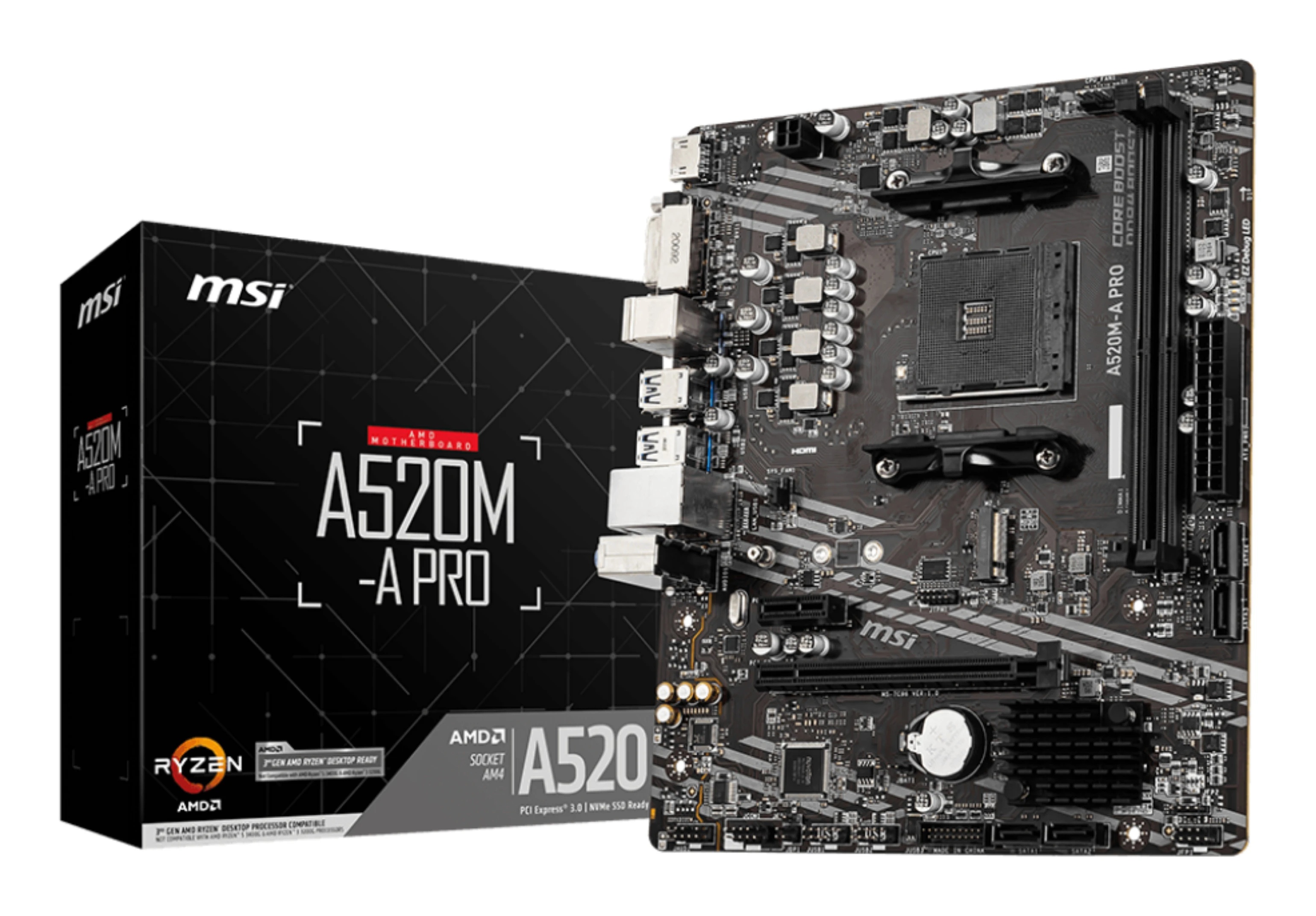 MSI MB AMD A520, A520M-A PRO AM4 2DDR4 11PCI-Ex16, 1M2, 4SATA3, 6USB3 - immagine prodotto