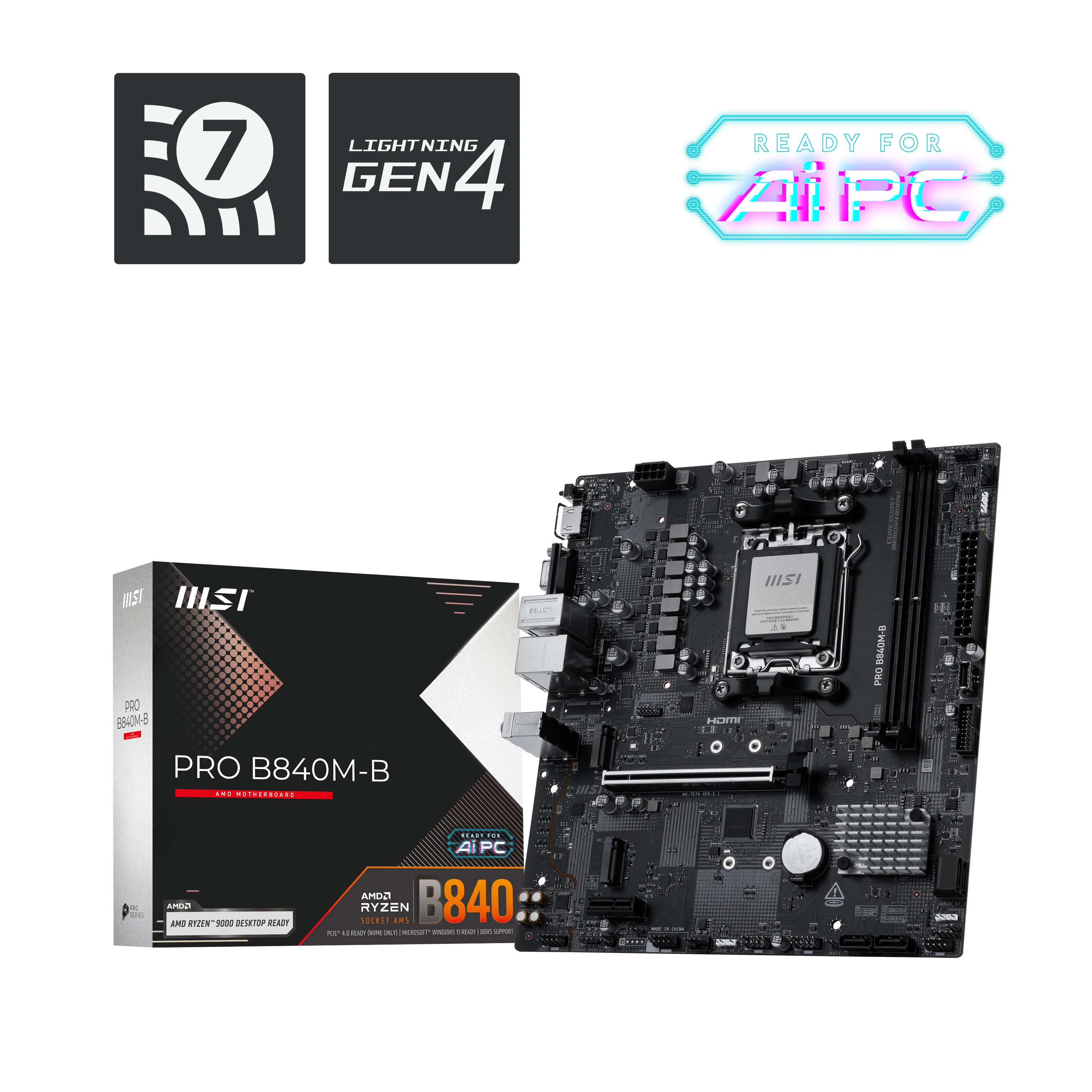 MSI MB MS-7E76PRO B840M-B601-7E76-020,21801-7E76-002STD PRO B840M-B,B840,AM5,2DDR5,1PCI-Ex16,1PC - immagine prodotto