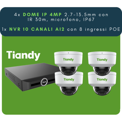 Tiandy Kit 4xDome IP, 4MP, IR 30m, Perimetro + 1x NVR 10Ch, SMD+Perimetro+Face, 1 HDD MAX 10TB, Alarm 4 IN / 1 Relè Out